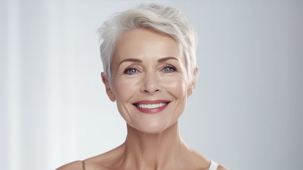 AI generated Beautiful Smiling 50s Mid Aged Mature Woman on White Background. Skin Care Beauty photo