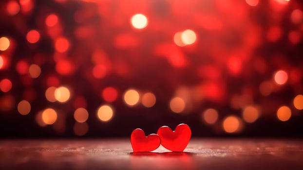 AI generated Two red hearts on abstract bokeh light blurry background. Love concept, Valentines day card photo