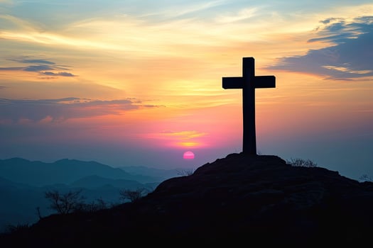 AI generated Silhouette of a cross on a hill in a mountain landscape at sunset. photo