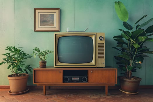AI generated Vintage TV against retro wall. photo