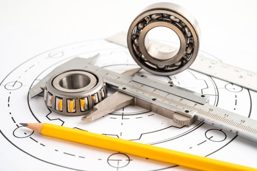 Engineering tools and mechanical industrial with vernier caliper and metal ball bering. photo