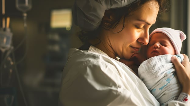 AI generated Tender Nurse, Caring for a Day-Old Newborn in Modern Hospital Setting photo