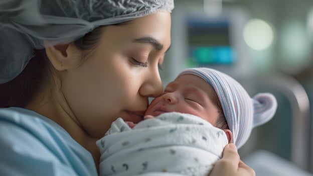 AI generated Tender Nurse, Caring for a Day-Old Newborn in Modern Hospital Setting photo