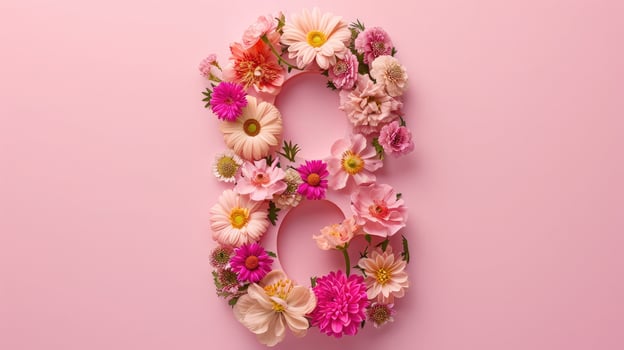 AI generated International Women's Day. Banner, flyer, beautiful postcard for March 8. Flowers in the shape of the number 8 on a pink background. photo
