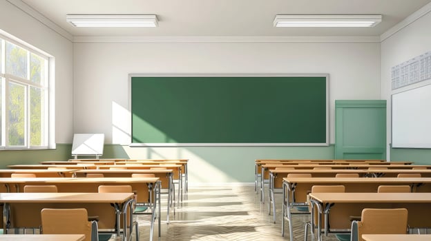 AI generated Classroom school.Interior of clean spacious classroom ready for new school year. Empty room with white walls, comfortable desks, chairs, green blackboard, whiteboard. Back to school. photo