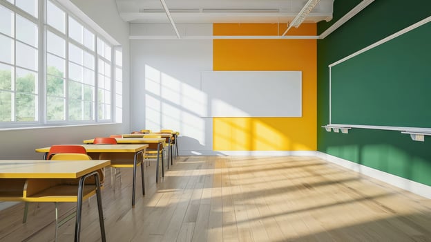 AI generated Classroom school.Interior of clean spacious classroom ready for new school year. Empty room with white walls, comfortable desks, chairs, green blackboard, whiteboard. Back to school. photo