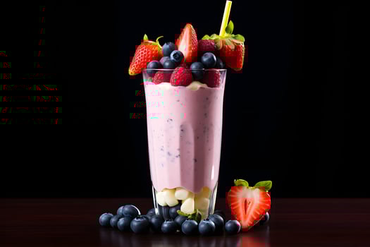 AI generated Yogurt with berries in a glass on a black background photo
