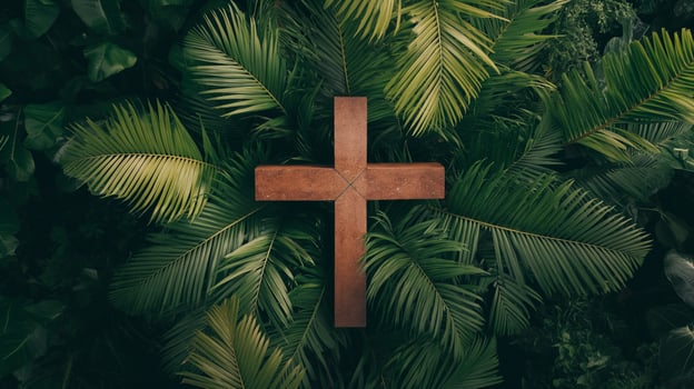 AI generated Palm Sunday Wooden Cross with Sunlit Bokeh Background photo