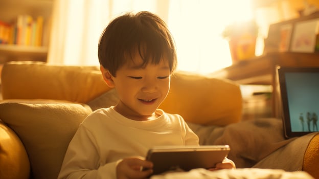 AI generated Young Boy Engrossed in Digital Tablet at Home photo