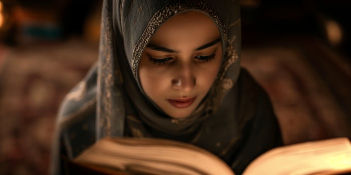 AI generated Serene Young Muslim Woman Studying Quran Indoors photo