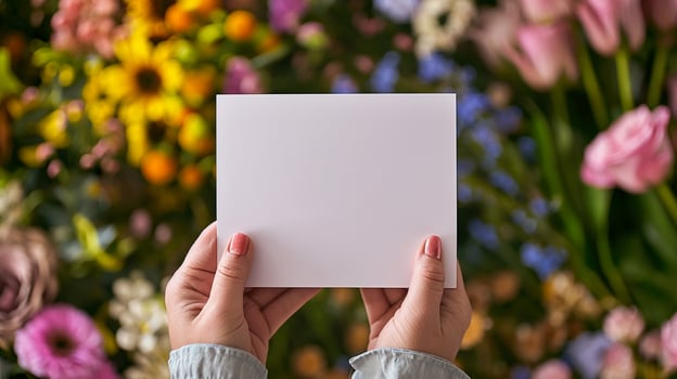 AI generated Hands tenderly holding a blank card poised for a romantic message, framed by a bouquet of vivid Valentine's blooms photo