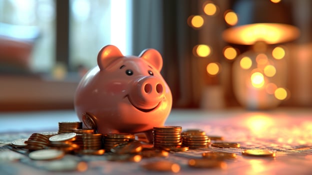 AI generated an empty piggy bank with money in the form of coins in front of a room with a lamp photo