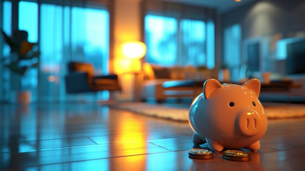 AI generated an empty piggy bank with money in the form of coins in front of a room with a lamp photo