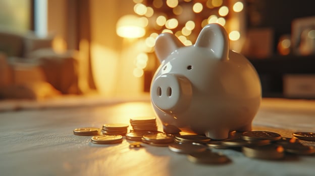 AI generated an empty piggy bank with money in the form of coins in front of a room with a lamp photo