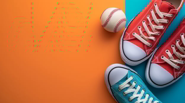AI generated baseball ball and sneakers on minimalist vivid background with copy space photo