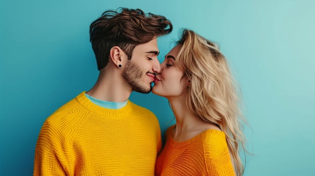 AI generated happy kisses couple on minimalist vivid background with copy space photo
