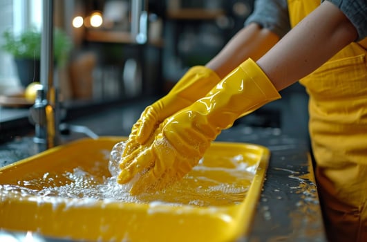 AI generated woman washing up with rubber gloves in kitchen sink liquids photo