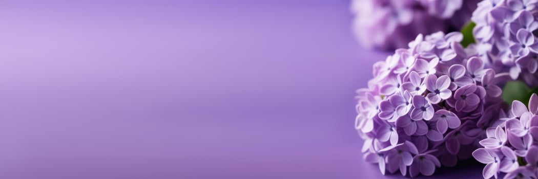 AI generated Valentine's Day, International Women's Day, Mother's Day, National Grandmothers Day, purple lilac bouquet, purple background, horizontal web banner, place for text photo