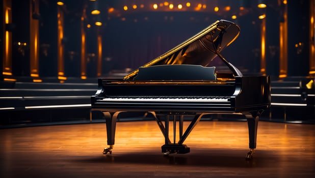 AI generated Beautiful black piano in the concert hall photo