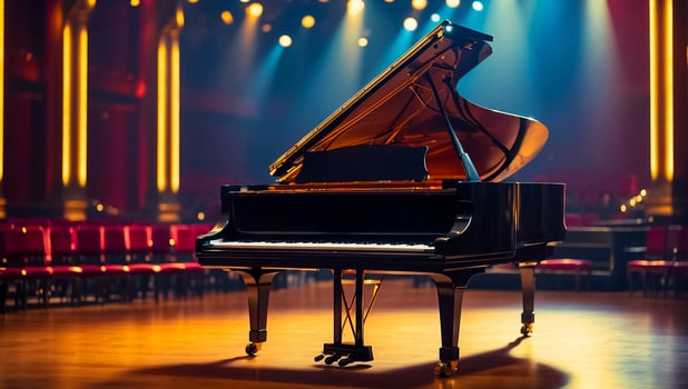 AI generated Beautiful black piano in the concert hall photo