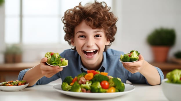 AI generated Joyful curly-haired boy with healthy vegetable meal, fun eating concept photo