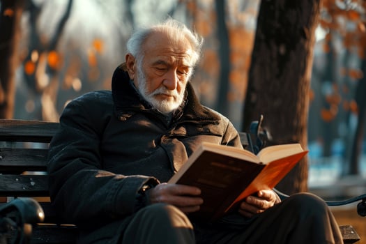 AI generated elderly man sitting on a bench in a park with a book in his hand, generative ai photo