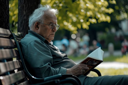 AI generated elderly man sitting on a bench in a park with a book in his hand, generative ai photo