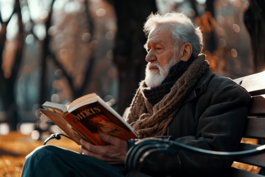 AI generated elderly man sitting on a bench in a park with a book in his hand, generative ai photo