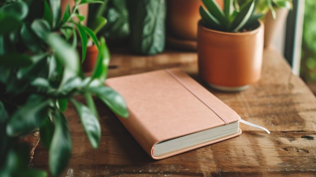 AI generated Blank notebook on wooden table with green houseplants in pots photo