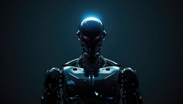 AI generated Futuristic robot with glowing eyes in the dark photo