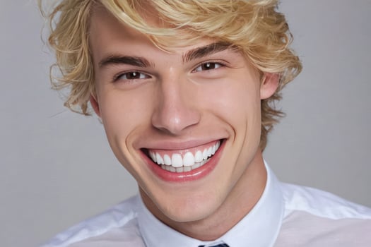 Portrait beautiful blond young model man with white teeth smile on grey background. photo