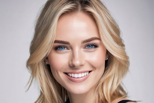 Portrait pretty blond model smiling woman with blue eyes, white teeth, healthy long hair and beauty skin. Concept of studio shot of advertising a dentist and facial care. photo