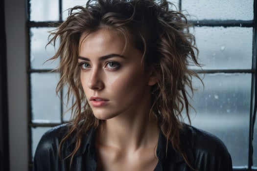 Sad young beautiful woman with messy hair stands near the window. photo