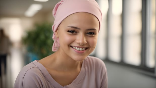 AI generated Smiley Strong Girl Fighting Cancer With Pink Scarf on the Head photo