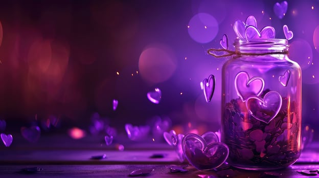 AI generated Purple glowing hearts around a jar create a romantic Valentine backdrop, Ai Generated photo
