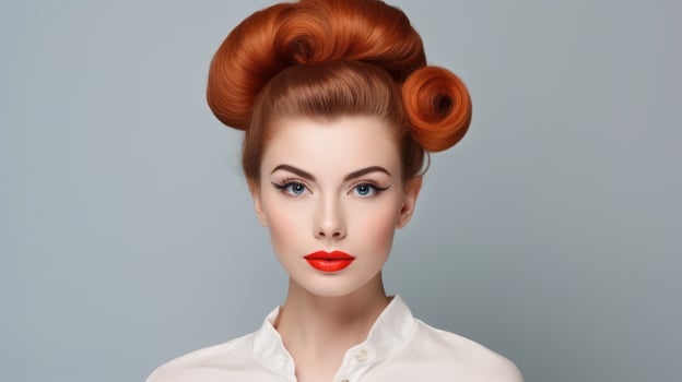 AI generated Redhead Woman with styled hair with victory rolls in vintage fashion style. For use in beauty tutorials, retro fashion spreads, hair styling guides and makeup artistry photo