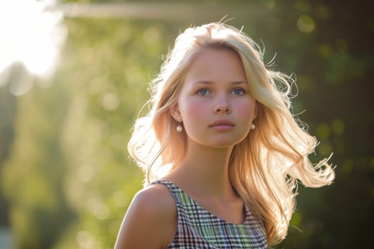 AI generated Portrait of a young beautiful girl with blonde hair in summer in a field in the sunlight photo