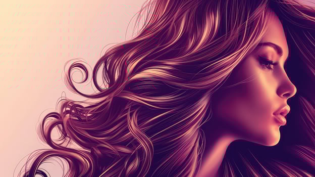 AI generated Beautiful woman in profile with long and shiny wavy hair . Beauty model girl with curly hairstyle . photo