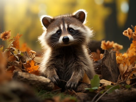 Portrait of a raccoon in the autumn forest. photo