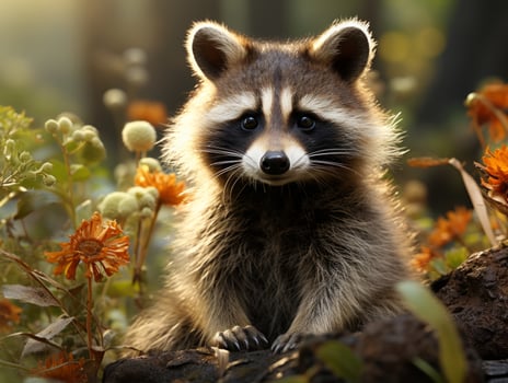 Portrait of a raccoon in the autumn forest. photo