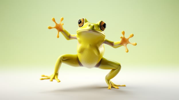 AI generated Flying cute little frog character on blue sky background. photo