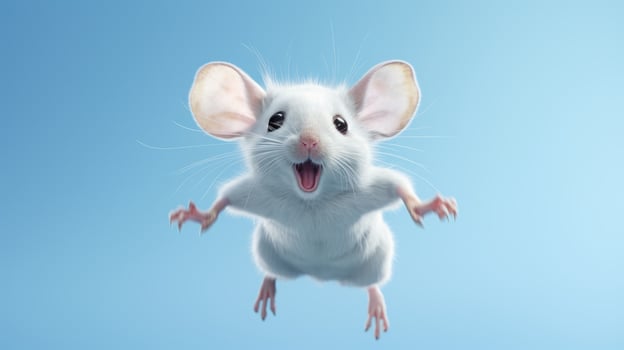 AI generated Flying cute little mouse character on blue sky background. photo