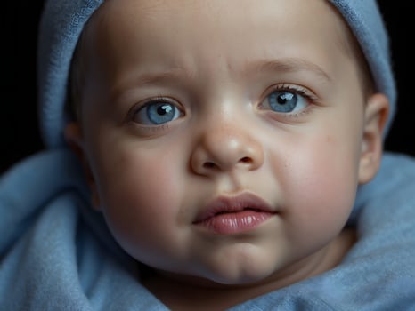 AI generated Cute little New born baby boy blue eyes portrait background, adorable toddler, wallpaper, photo
