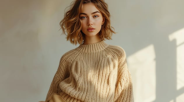 AI generated a model poses for photography wearing a knit sweater and pants photo