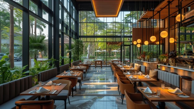 AI generated Contemporary restaurant design harmonizes with gastronomic pleasures, creating a memorable dining ambiance. photo