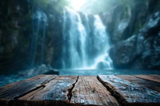 AI generated Empty Wooden Plank Floor with Blurry Waterfall Scenery photo