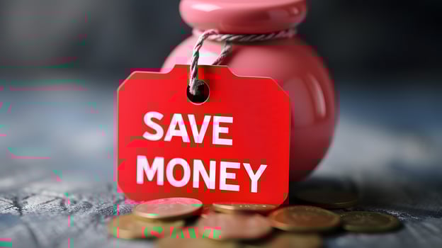 Red discount tag with 'Save Money' written on it. Saving money concept photo