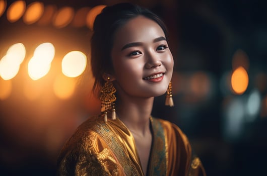 AI generated Chinese girl wearing golden kimono and earrings. Generate ai photo