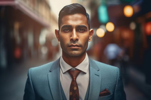 AI generated Handsome Indian man in suit posing on street. Generate ai photo