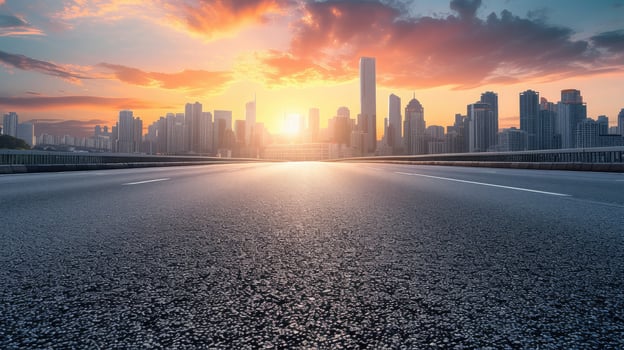 AI generated Empty asphalt road and modern city skyline with building scenery at sunset. high angle view. photo
